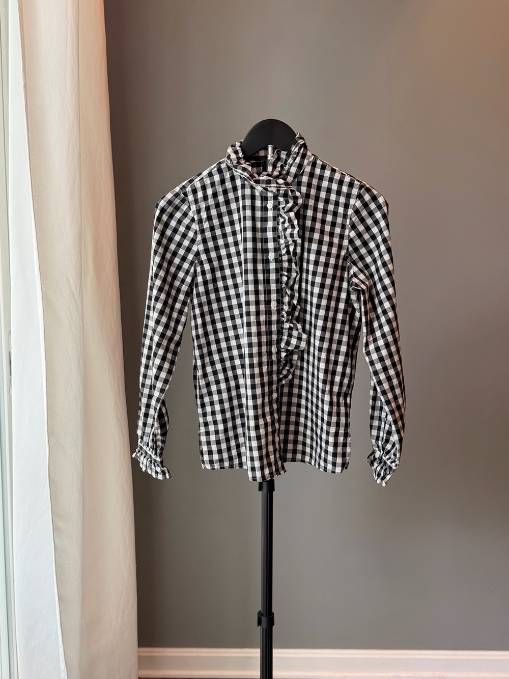 JCREW Gingham Ruffle Button-Front Cotton Shirt Long Sleeve 0 Preppy Coquette Eco